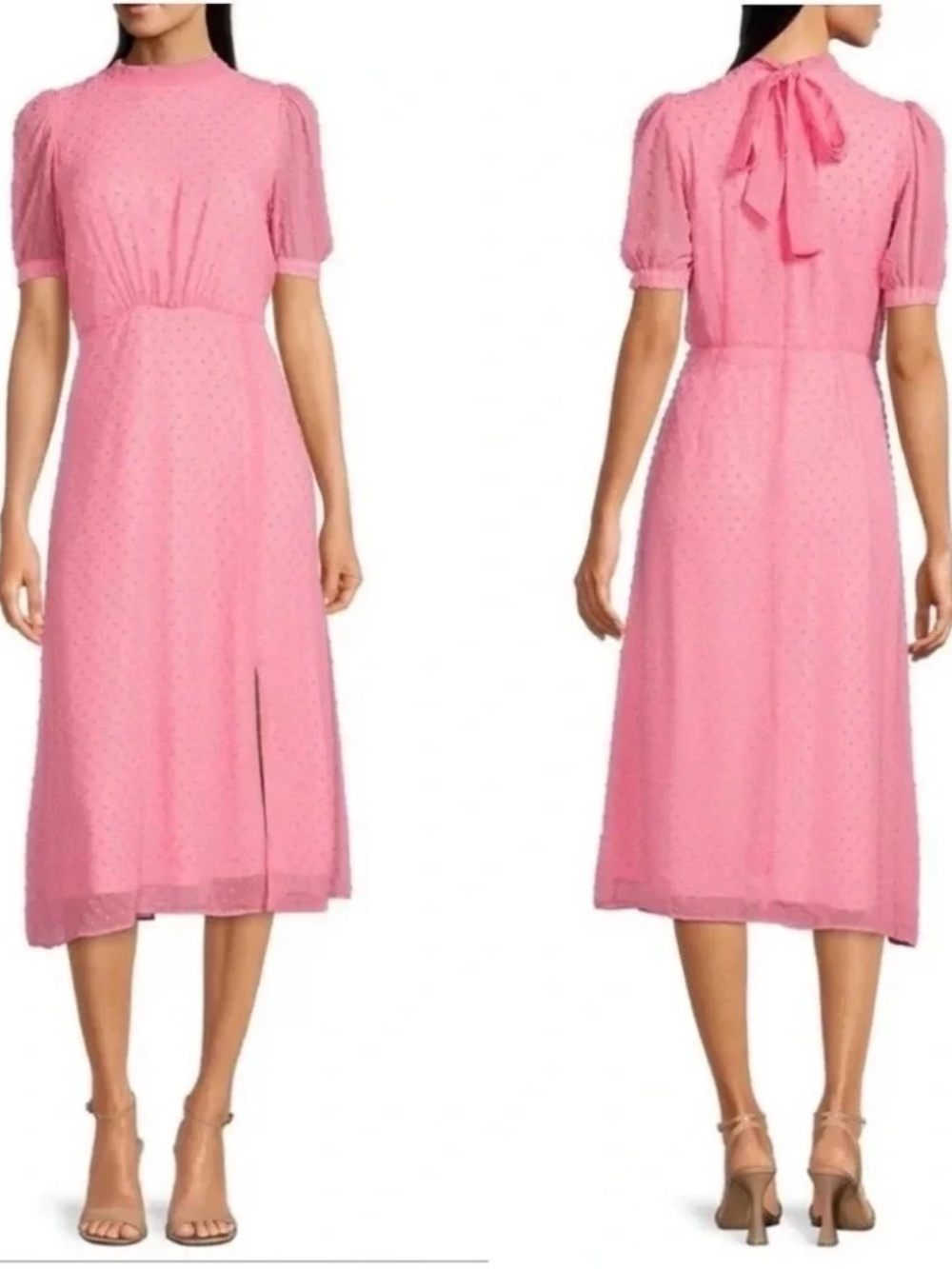 New Julia Jordan Mock Neck Clip Dot Chiffon Fit & Flare Midi Dress, Pink, NWOT